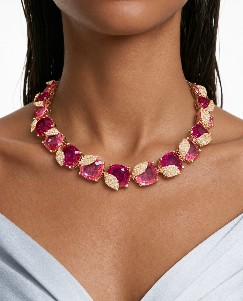 Ensemble collier feuille de zircon de type diamant rose et rubis Camellia - Collier et boucles d'oreilles