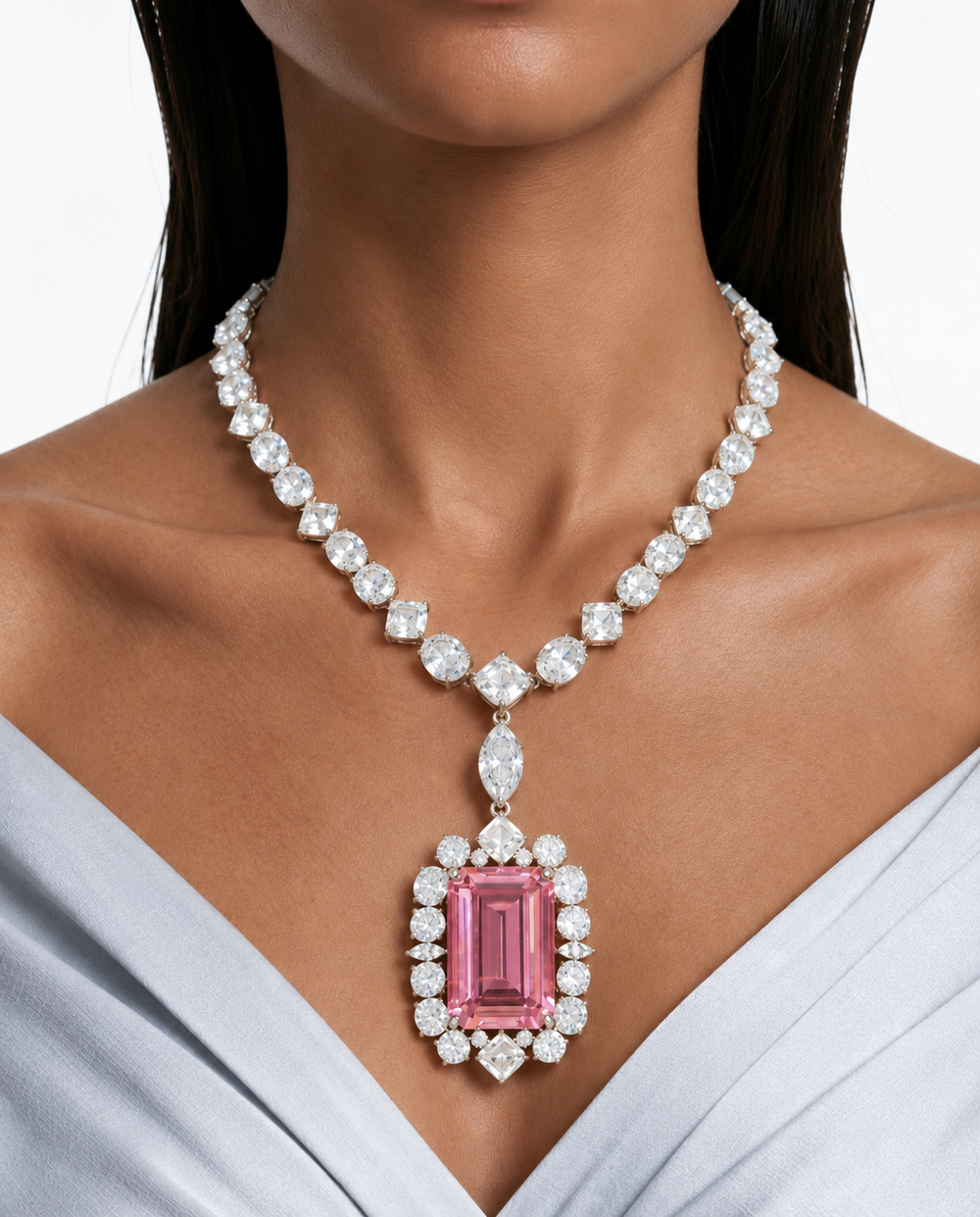 Afiya Pink Diamond-Like Zircon Statement Necklace Set – Necklace & Earrings