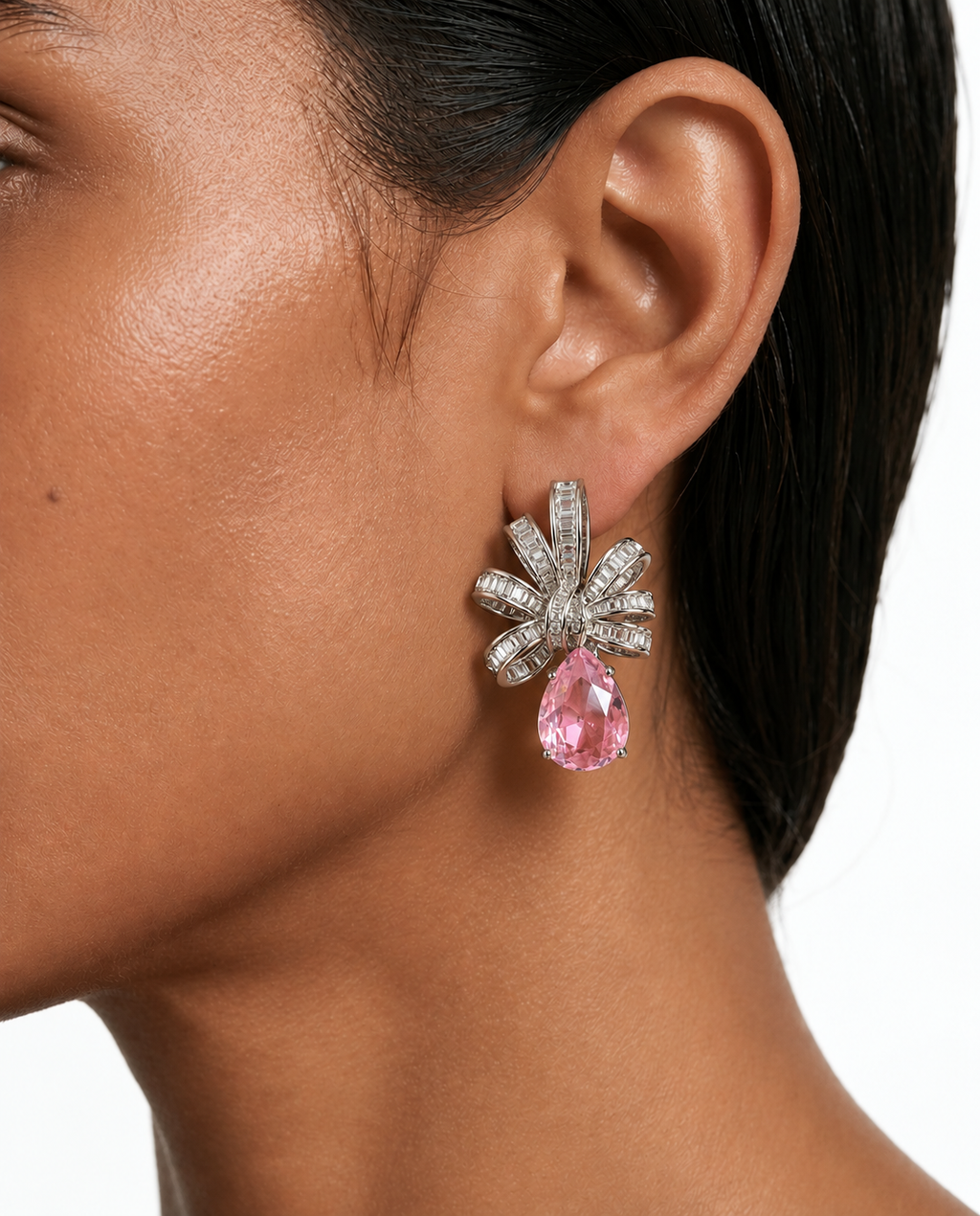 Blythe Pink Bow Rectangular Drop Diamond-Like Zircon Necklace Set – Necklace & Earrings