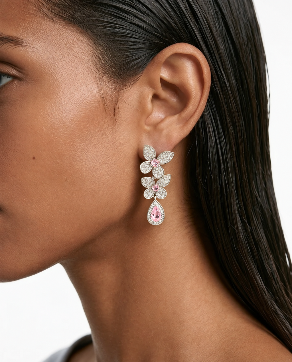 Rosie Pink Floral Drop Cuff Necklace Set – earrings detail | PRERTO