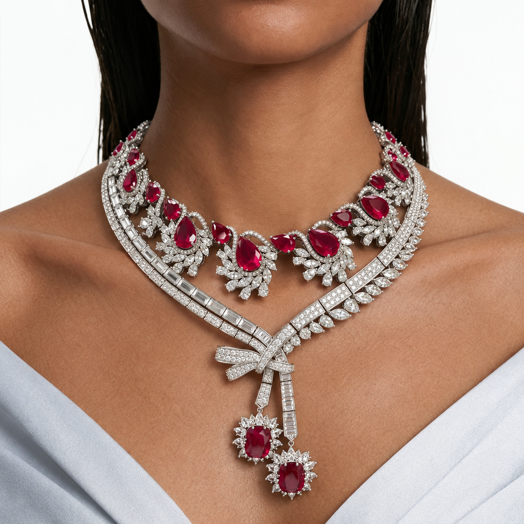 Maharani Nelle Ruby Double Drop Bow & Ava Ruby Pear & Leaf Necklace Set (2 Necklace & 2 Earrings)