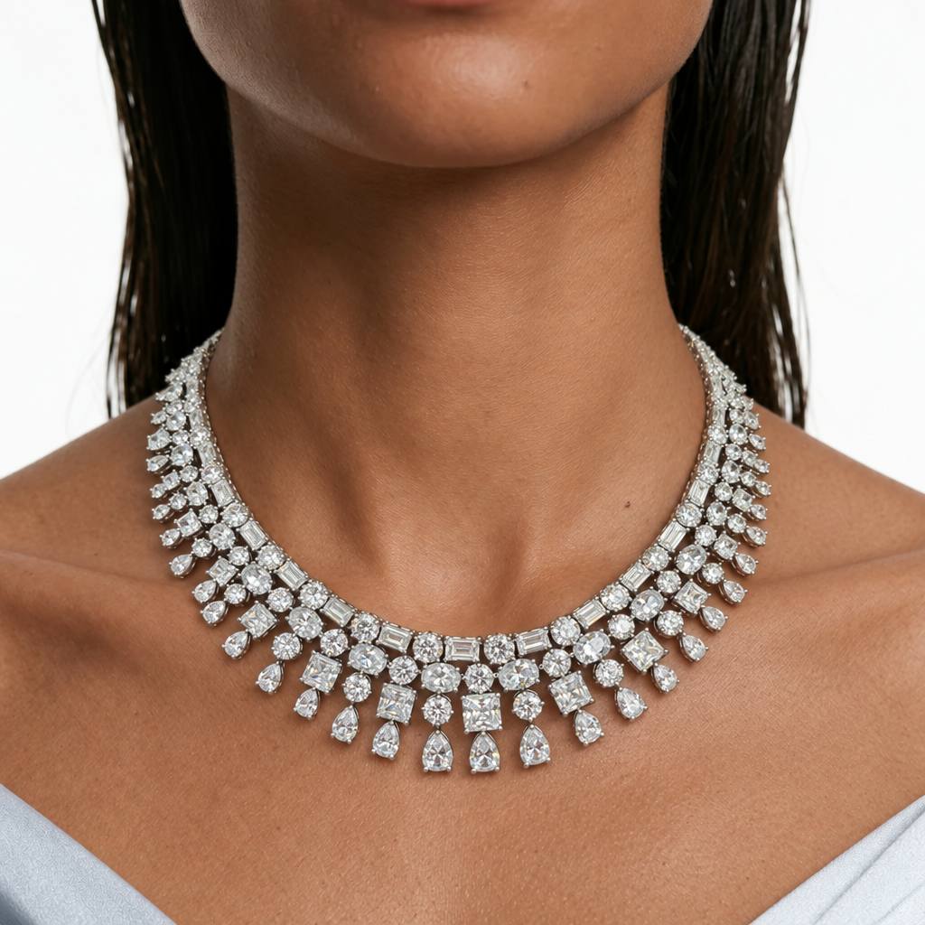 Maharani Niharika Diamond Ovals & Squares & May Baguette & Round Diamond Necklace Set (2 Necklace & 2 Earrings)