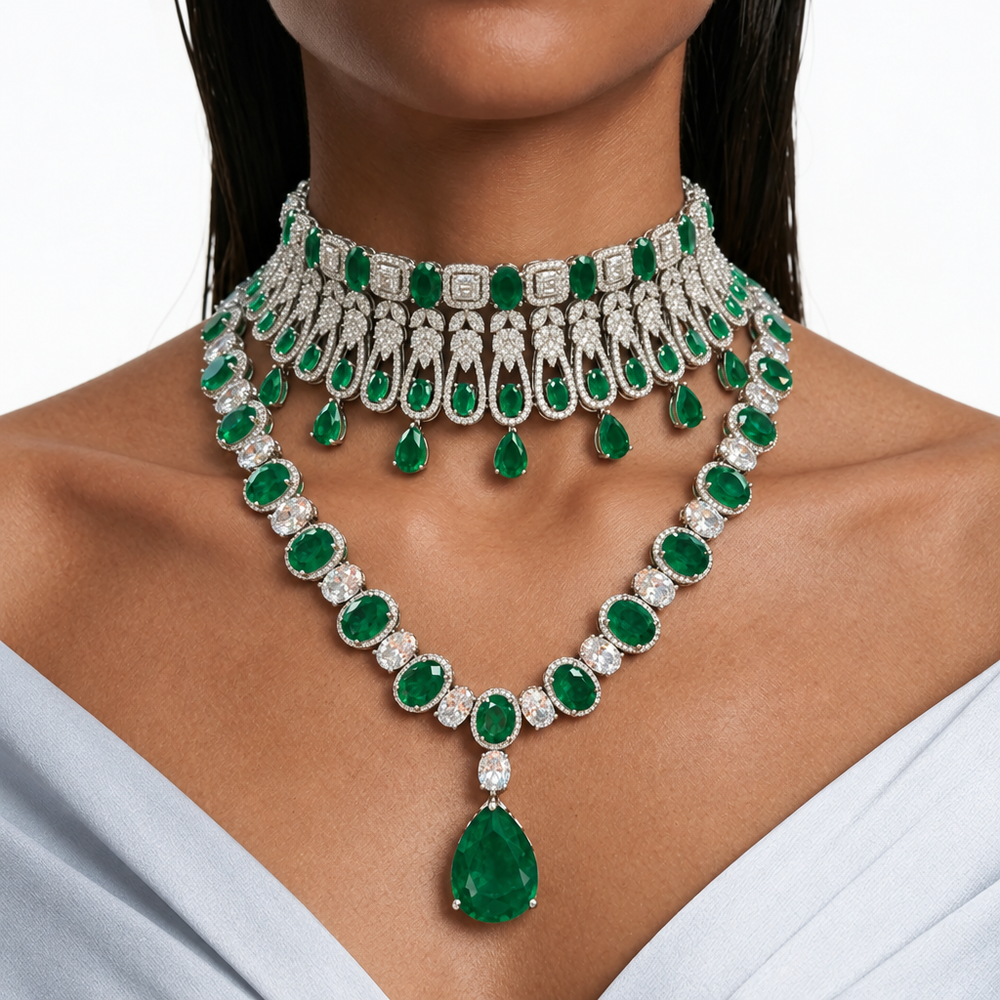 Maharani Vana Emerald Pear Drop & Emerald Esme Cascade Drop Choker Necklace Set (2 Necklace & 2 Earrings)