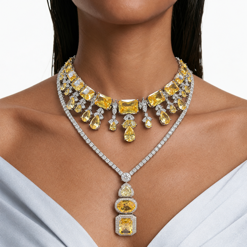 Maharani Della Citrine Drop Pendant & Amalina Citrine Luxe Couture Statement Necklace Set (2 Necklace & 2 Earrings)