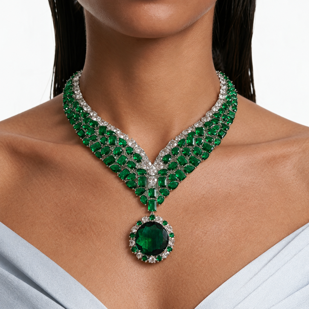 Maharani Ramona & Heart Emeralds Diamond Necklace Set