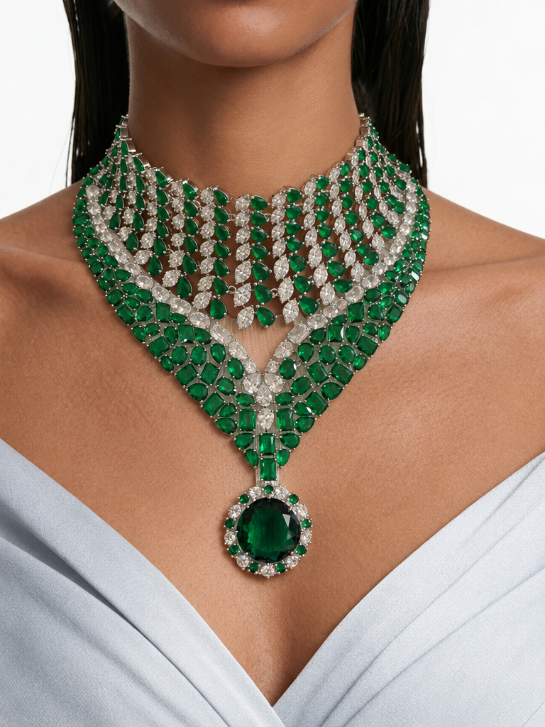 Maharani Ramona & Heart Emeralds Diamond Necklace Set