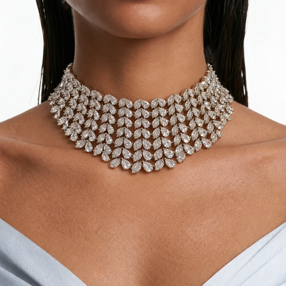 Maharani Lunette Multi Layered & Heart & Diamond Necklace Set (2 Necklace & 2 Earrings)