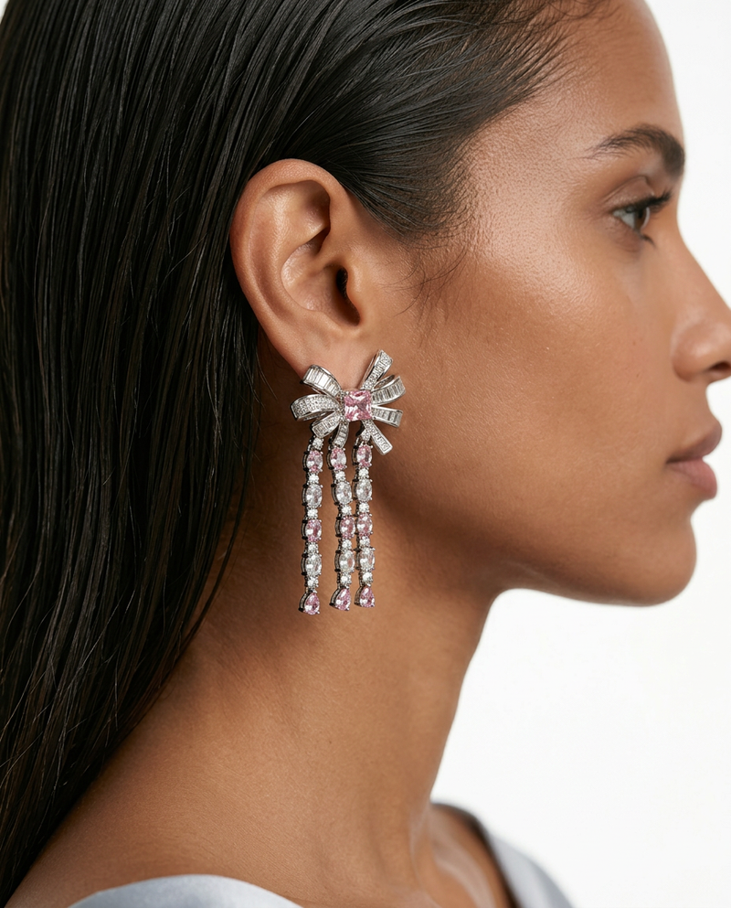 Prisha Pink Diamond Zircon Bow Layered Necklace Set — worn on model — Prerto