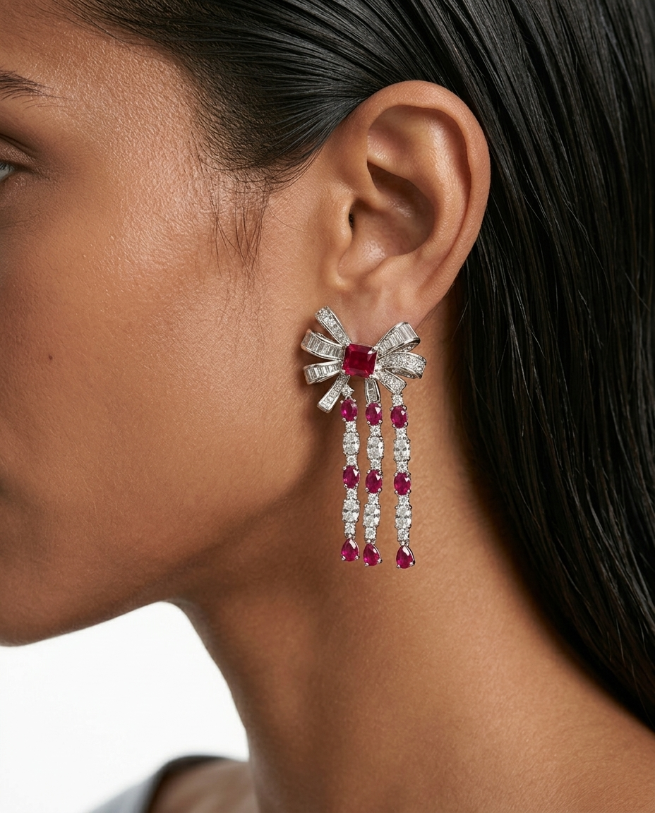 Prisha Ruby Zircon Bow Multi Layered Necklace Set — worn on model — Prerto