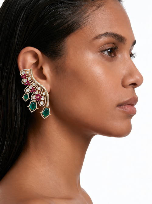 Zadie Emerald & Ruby Floral Cascade Diamond-Like Zircon Necklace Set – Necklace & Earrings