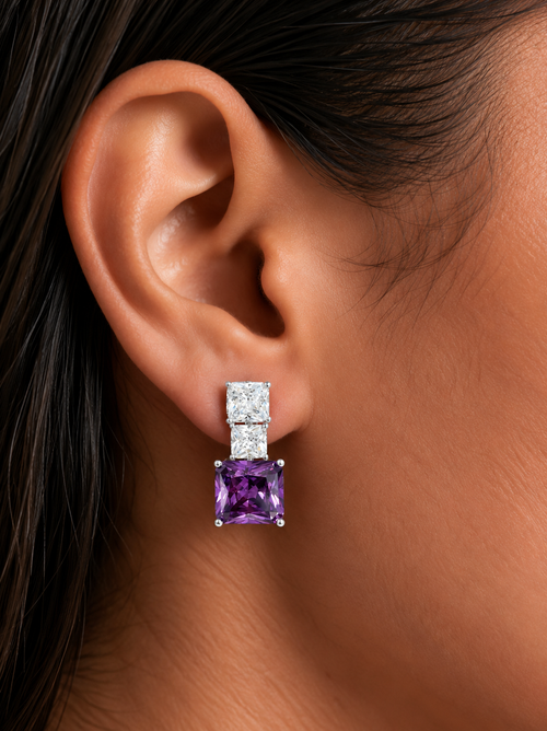 Conjunto de collar con colgante morado cuadrado con circonitas tipo diamante Vivi - Collar y aretes