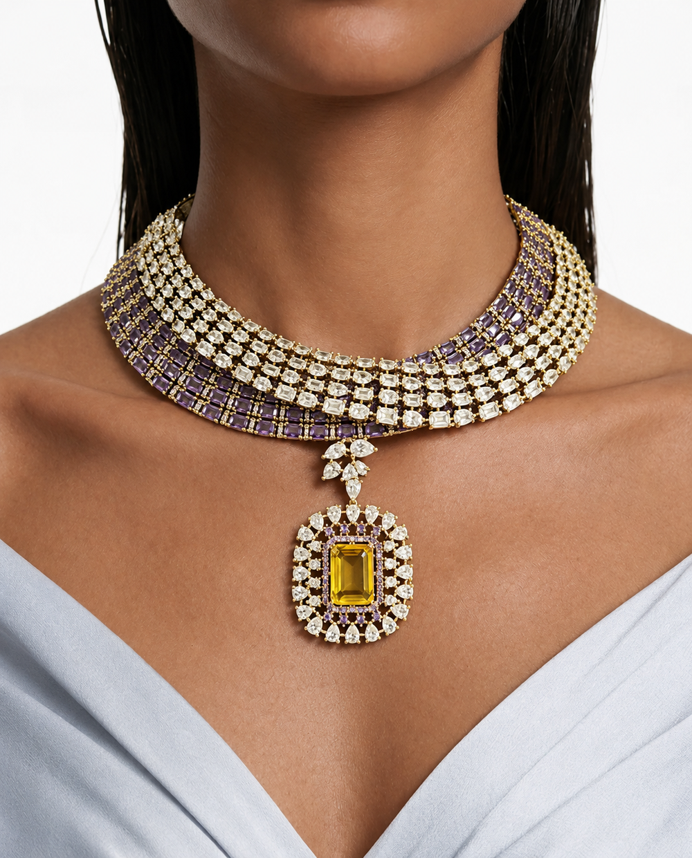Aderina Purple & Citrine Rectangular Pendant Diamond-Like Zircon Collar Necklace Set – Necklace & Earrings
