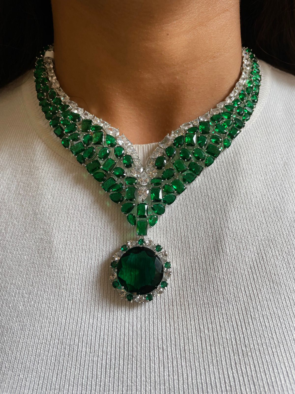 Ramona Emerald Diamond Statement Necklace Set — front view — Prerto