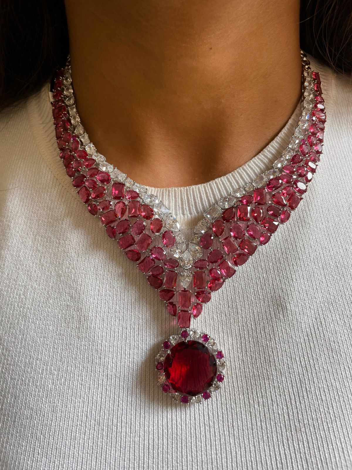 Ramona Ruby Diamond Statement Necklace Set — front view — Prerto