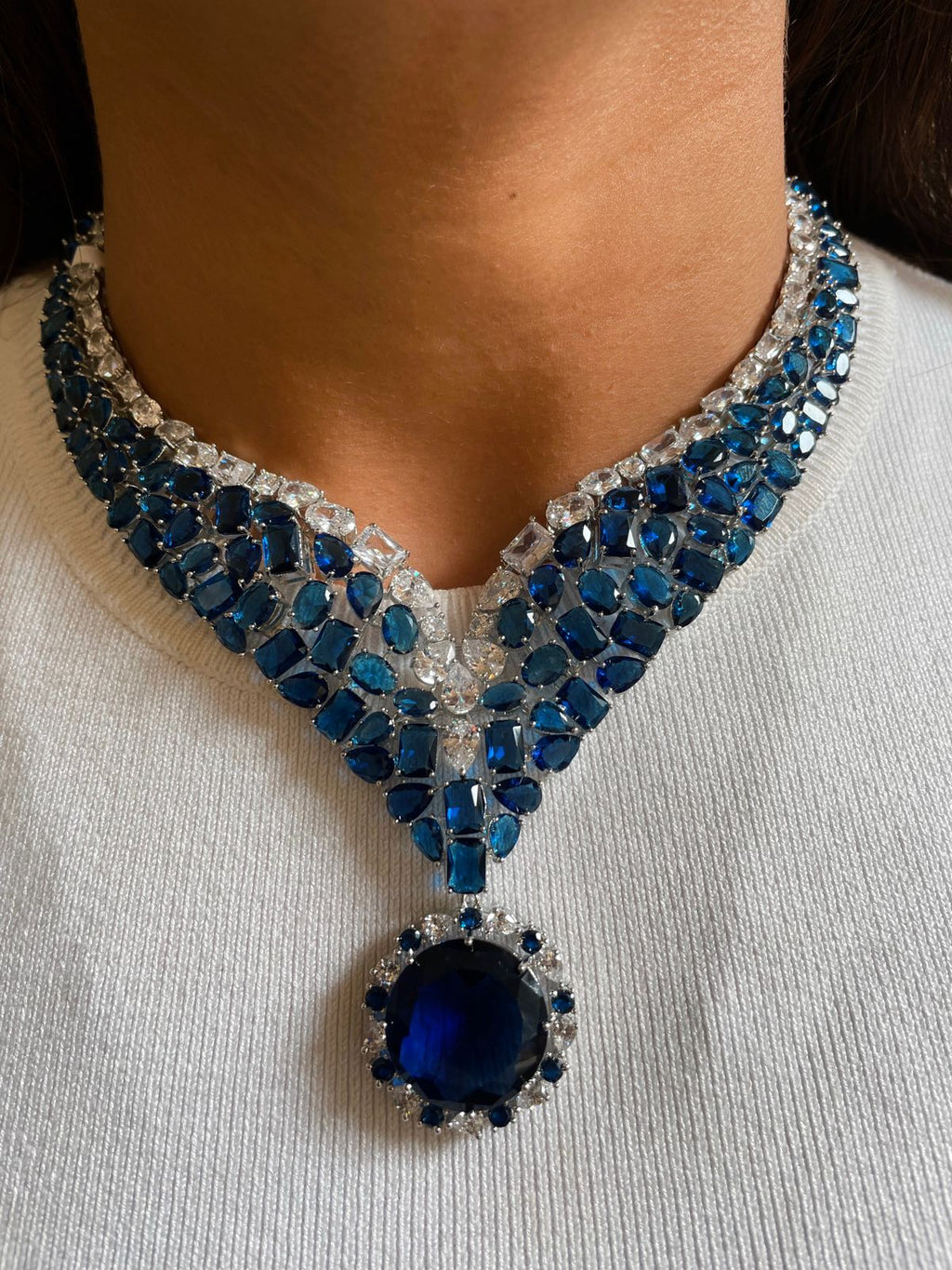 Ramona Sapphire Diamond Statement Necklace Set — front view — Prerto