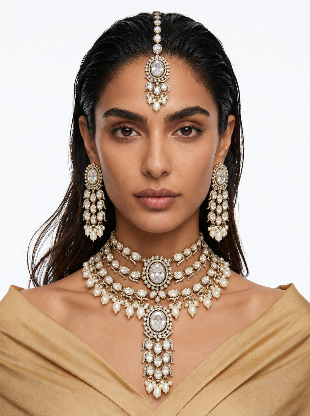 Inara Diamond & Pearl Moissanite Polki Kundan with Zircon Diamond Detailing Layered Statement Necklace Set – Necklace, Earrings & Maang Tikka