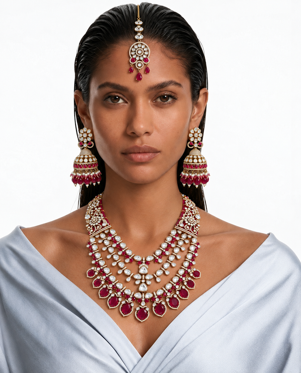 Ensemble de colliers de mariée superposés floraux Polki Kundan Rajika Ruby Moissanite - Collier, boucles d'oreilles et Maang Tikka
