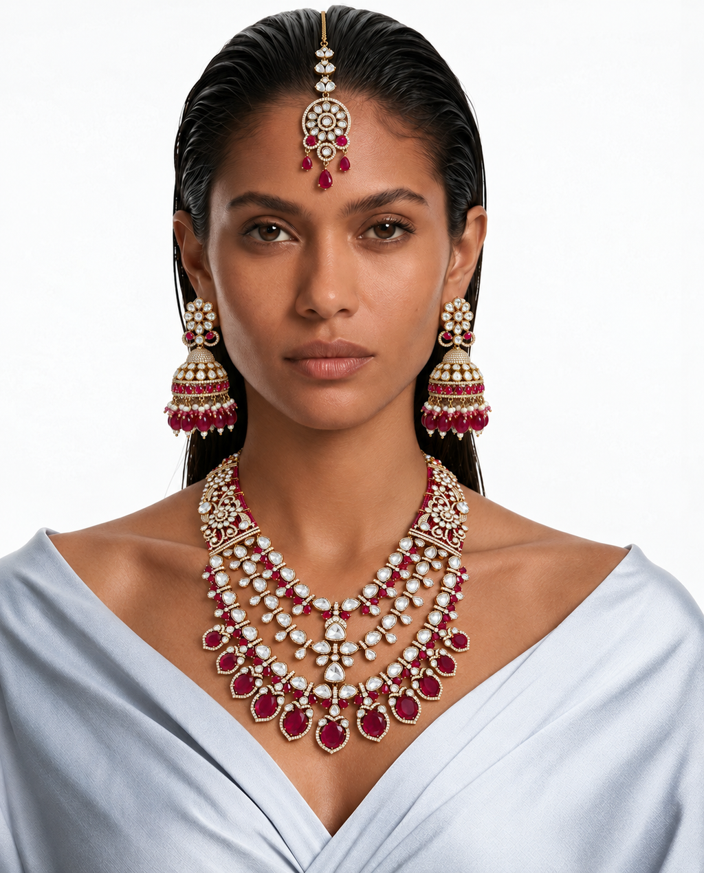 Ensemble de colliers de mariée superposés floraux Polki Kundan Rajika Ruby Moissanite - Collier, boucles d'oreilles et Maang Tikka