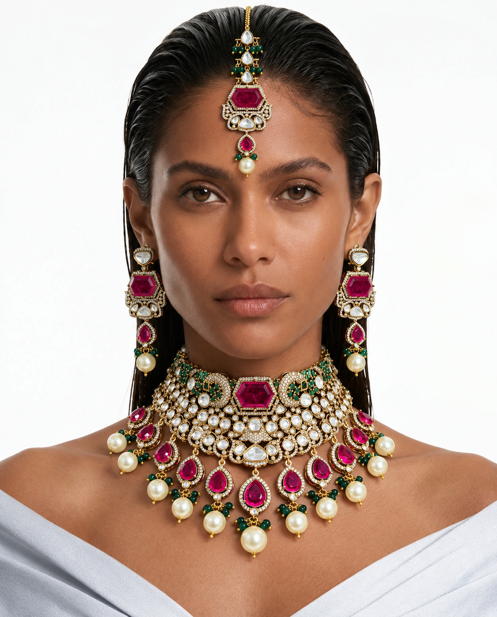 Tahira Ruby Emerald Moissanite Polki Kundan Pearl Drop Necklace Set – Necklace, Earrings & Maang Tikka