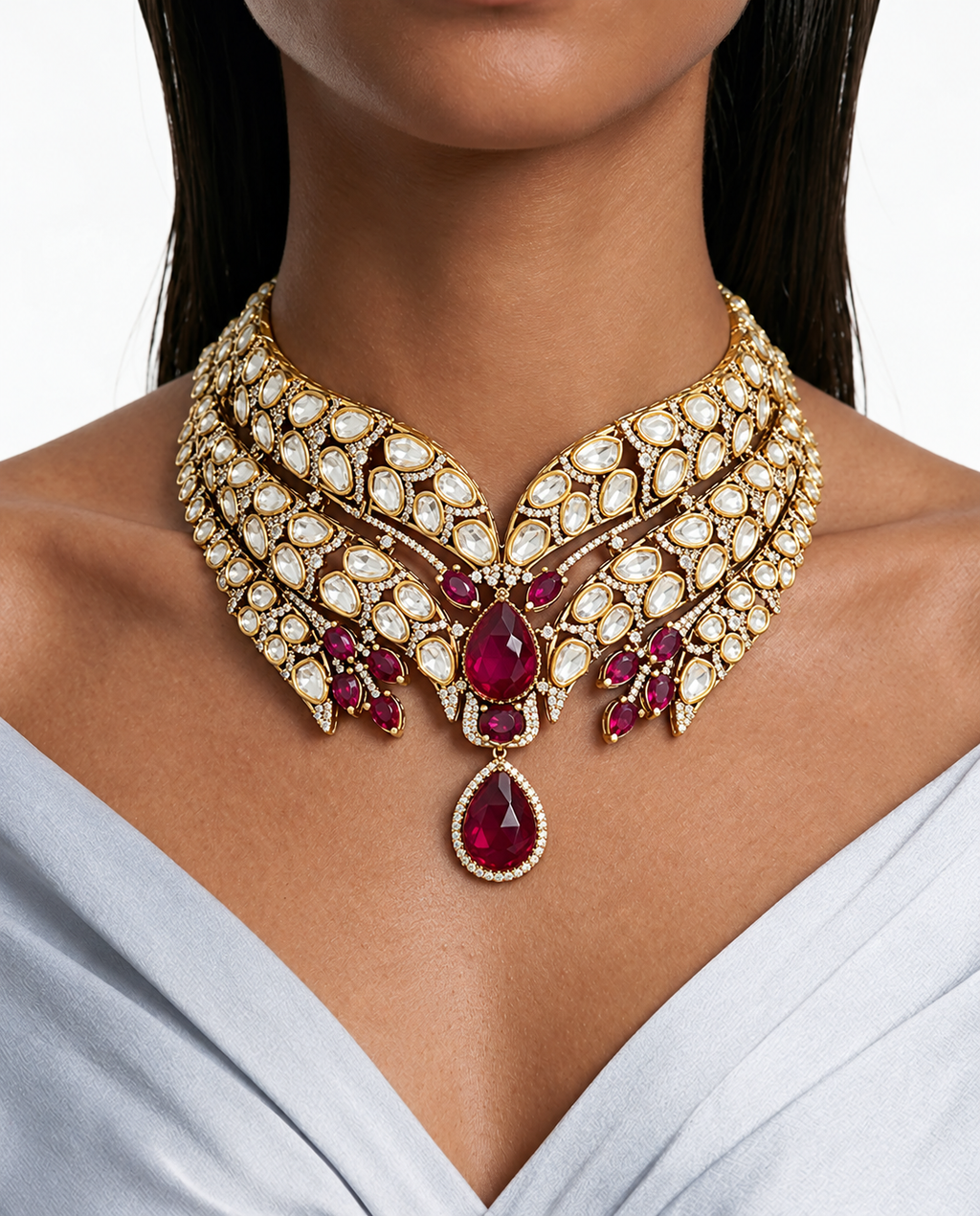 Zehmina Ruby Kundan Polki Double-Layer Choker Necklace Set – Necklace, Earrings & Maang Tikka