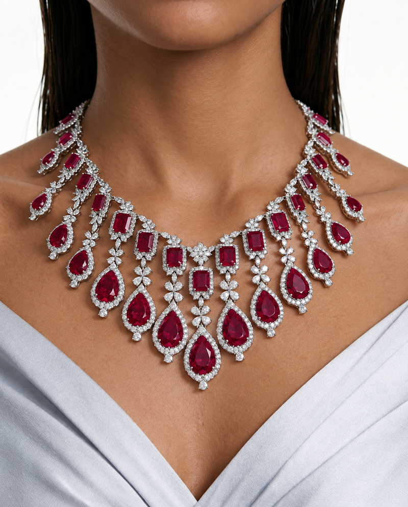 Maharani Avela Ruby Diamond-Like Zircon Drop & Ava Emerald Pear & Leaf Diamond-Like Zircon Necklace Set (2 Necklaces & 2 Earrings)