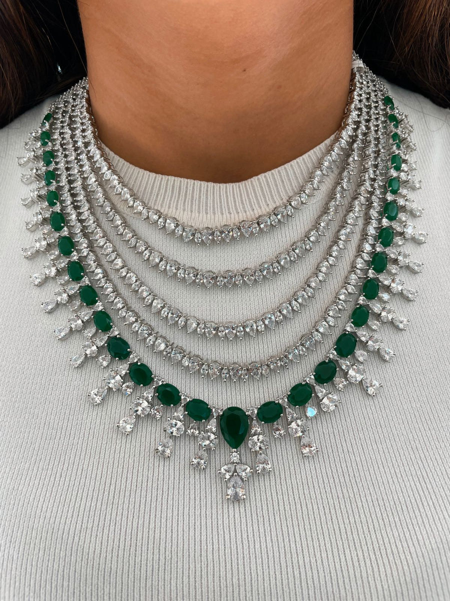 Rewari 5 Layer Dimonte Emerald Lines Necklace Set (Necklace, Earrings, Ring & Bracelet)