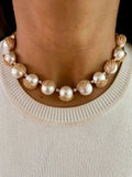 Riga Pearl Golden Wave Diamond Necklace & Earrings Set — front view — Prerto