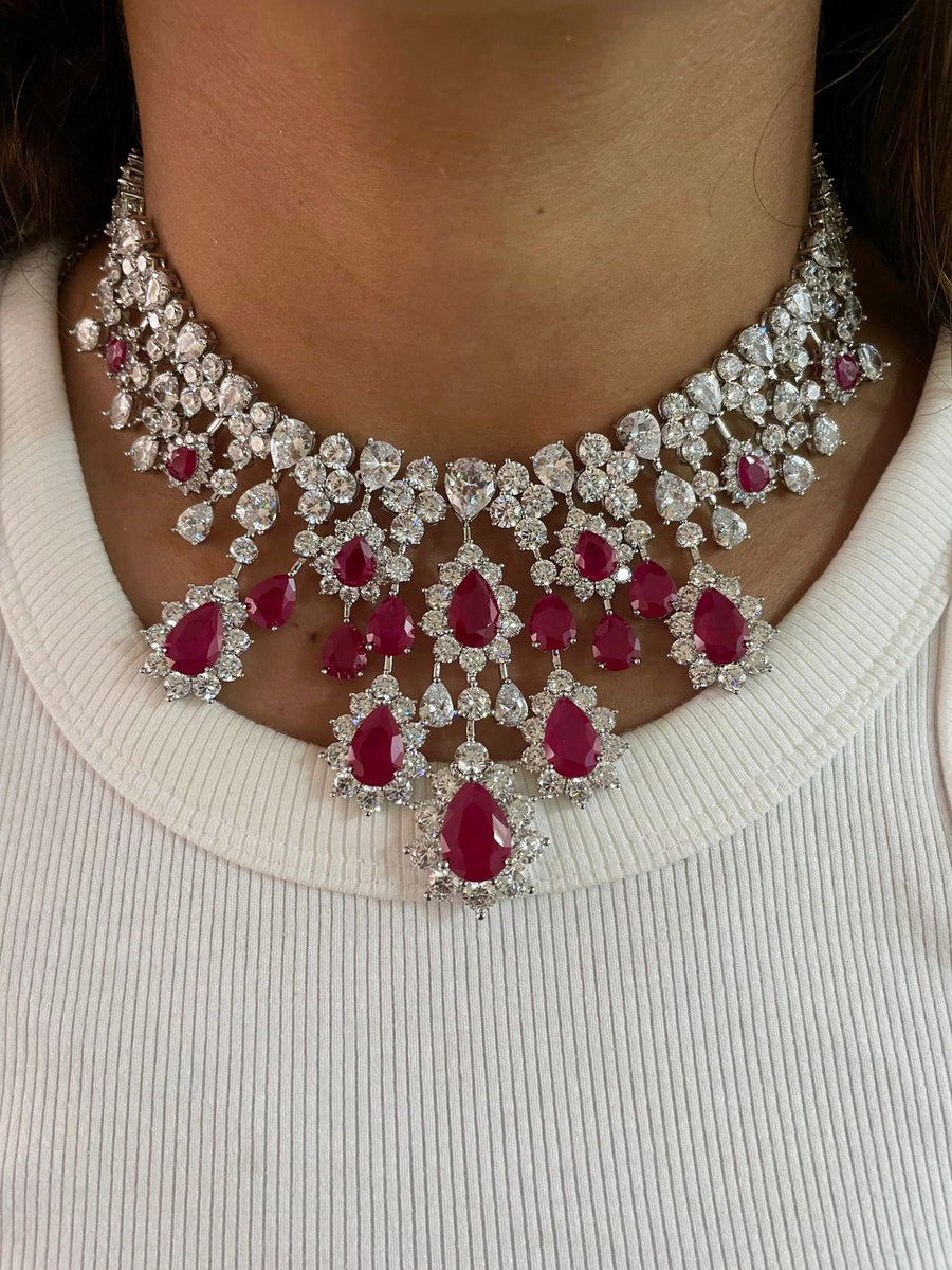 Rose Diamond Ruby Drops Necklace Set (Earrings, Necklace, Ring & Bracelet)