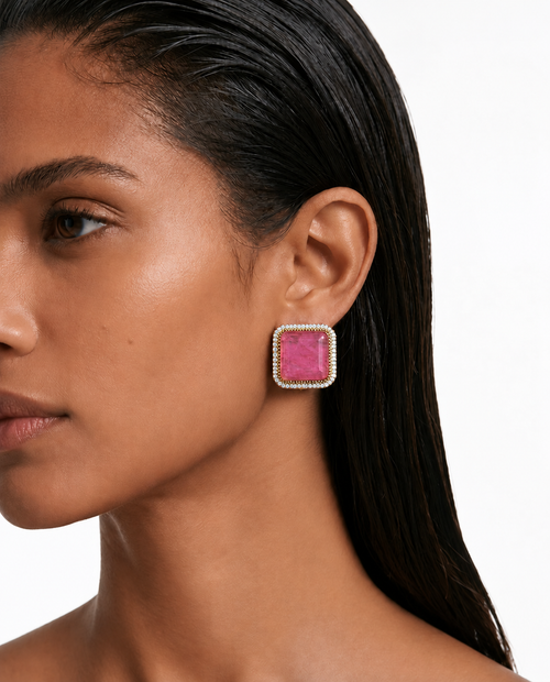 Tamanna Pink Square Emerald Baguette Victoriaanse choker kettingset – ketting en oorbellen