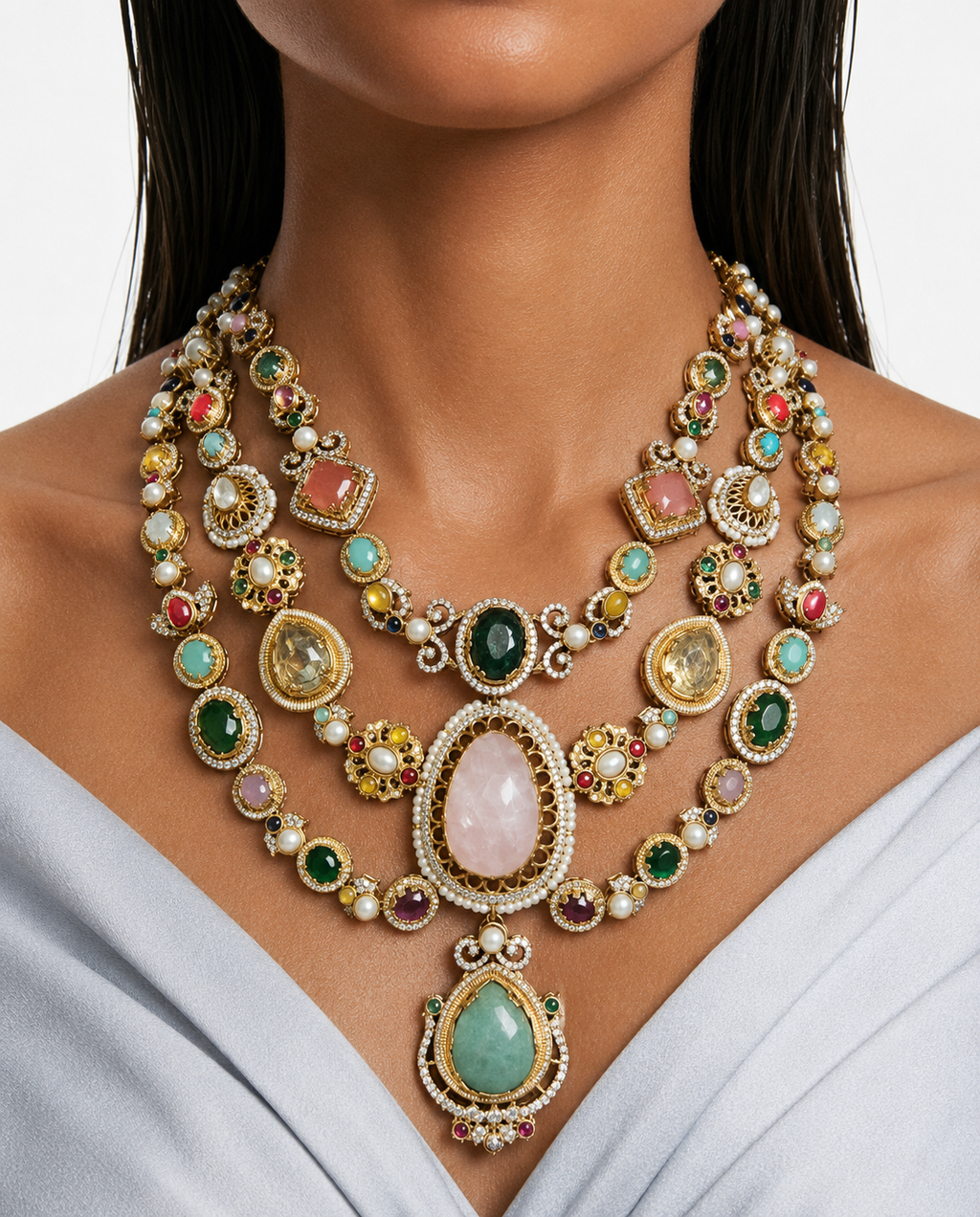 Enaya 3 Layer Semi Precious Moissanite Kundan Polki Necklace Set (Necklace & Earrings)