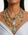 Enaya 3 Layer Semi Precious Moissanite Kundan Polki Necklace Set (Necklace & Earrings)