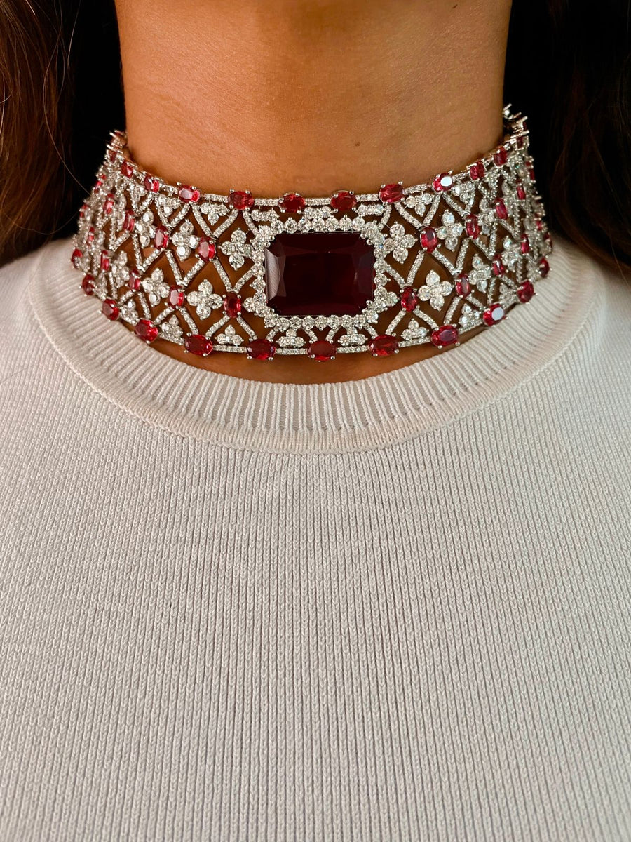 Maharani Ruby Appliqué Dimonte Choker Set & Mini Ruby Ayla Necklace Set (Necklace & Earrings)