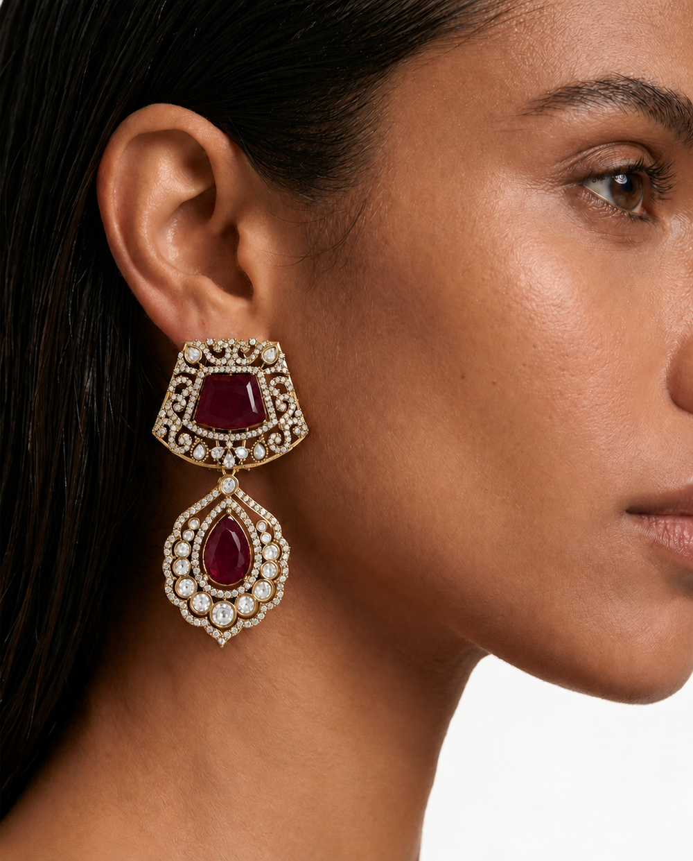 Ensemble de collier Inayat Ruby Moissanite Polki Kundan – Collier et boucles d'oreilles