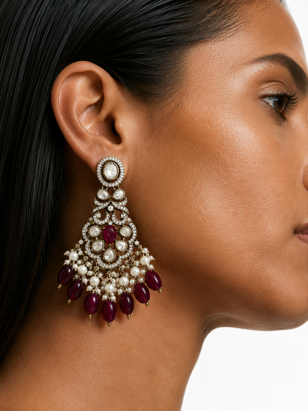 Aaina Ruby Moissanite Polki Kundan Necklace Set (Necklace, Earrings & Maang Tikka)