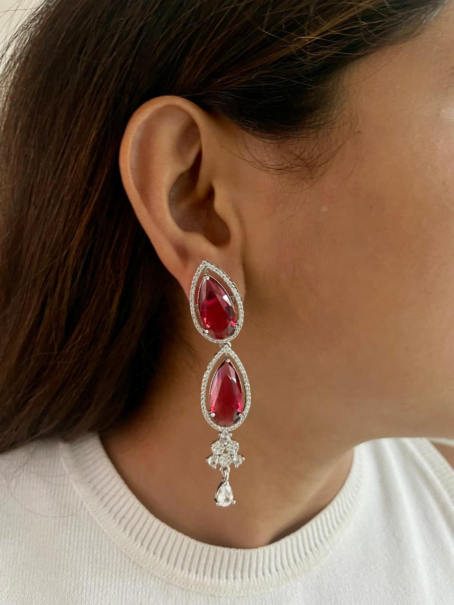 Ruby Color Dimonte Drop Necklace Set (Earings & Necklace)