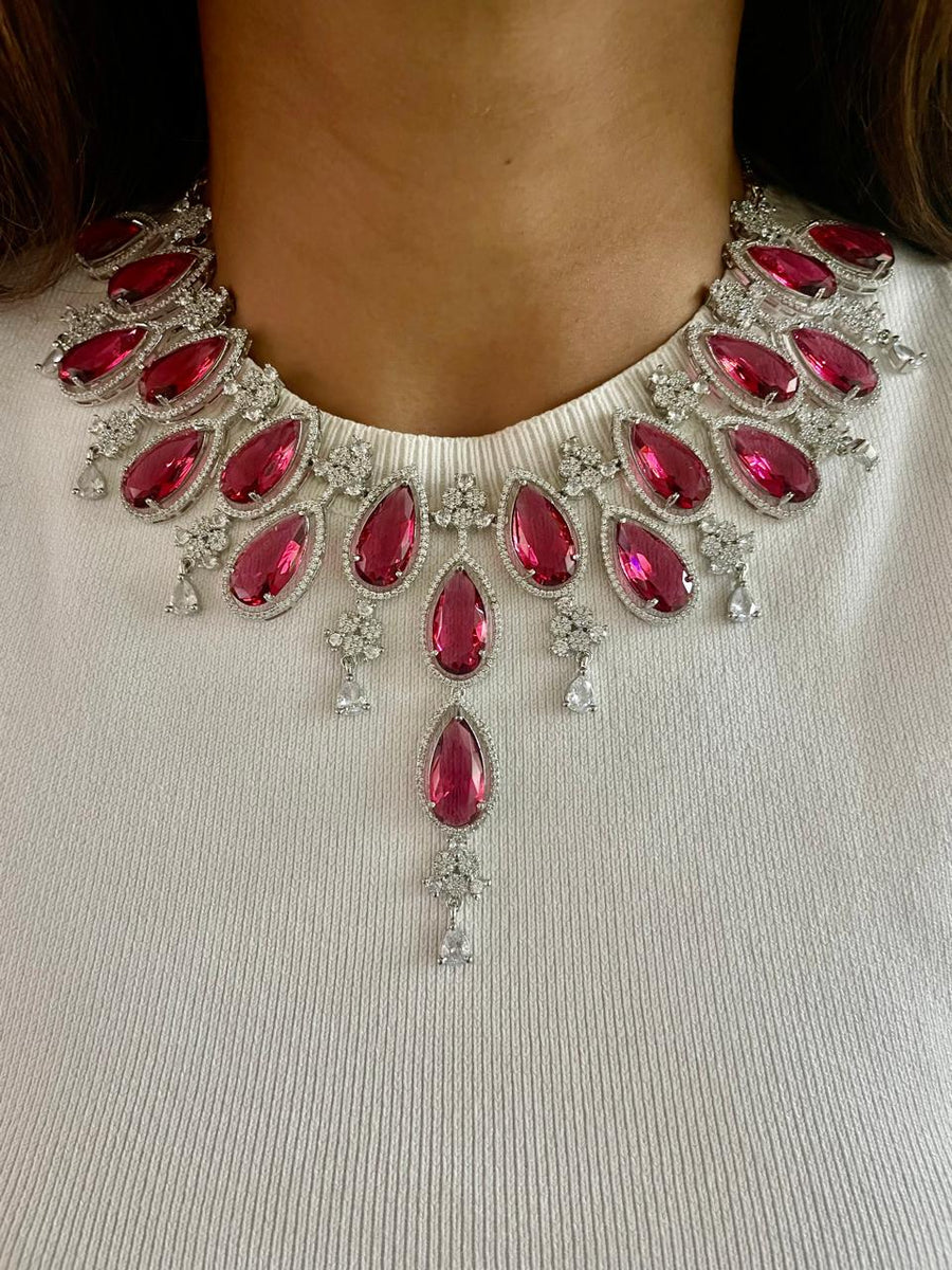 Ruby Color Dimonte Drop Necklace Set (Earings & Necklace)