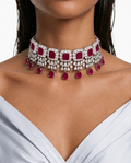 طقم قلادة Tekn Ruby مرصعة بالزركون مستطيلة الشكل ومتدلية على شكل كمثرى - قلادة وأقراط