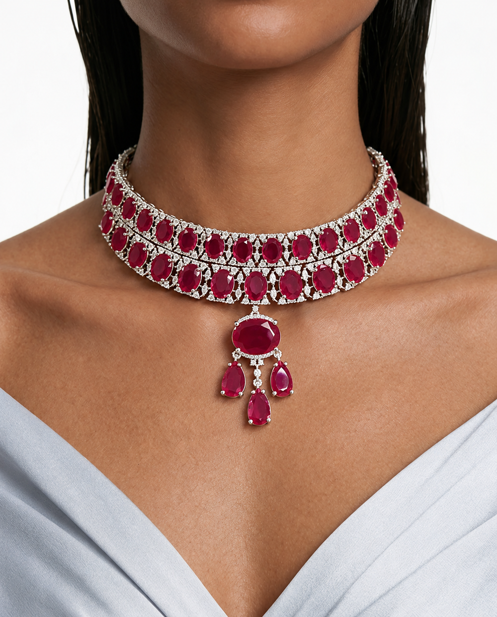 Zaya Diamond-Like Zircon Ovals with Ruby & Diamond Pear Drops Choker Necklace Set – Necklace & Earrings