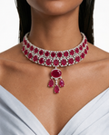 Zaya Diamond-Like Zircon Ovals with Ruby & Diamond Pear Drops Choker Necklace Set – Necklace & Earrings