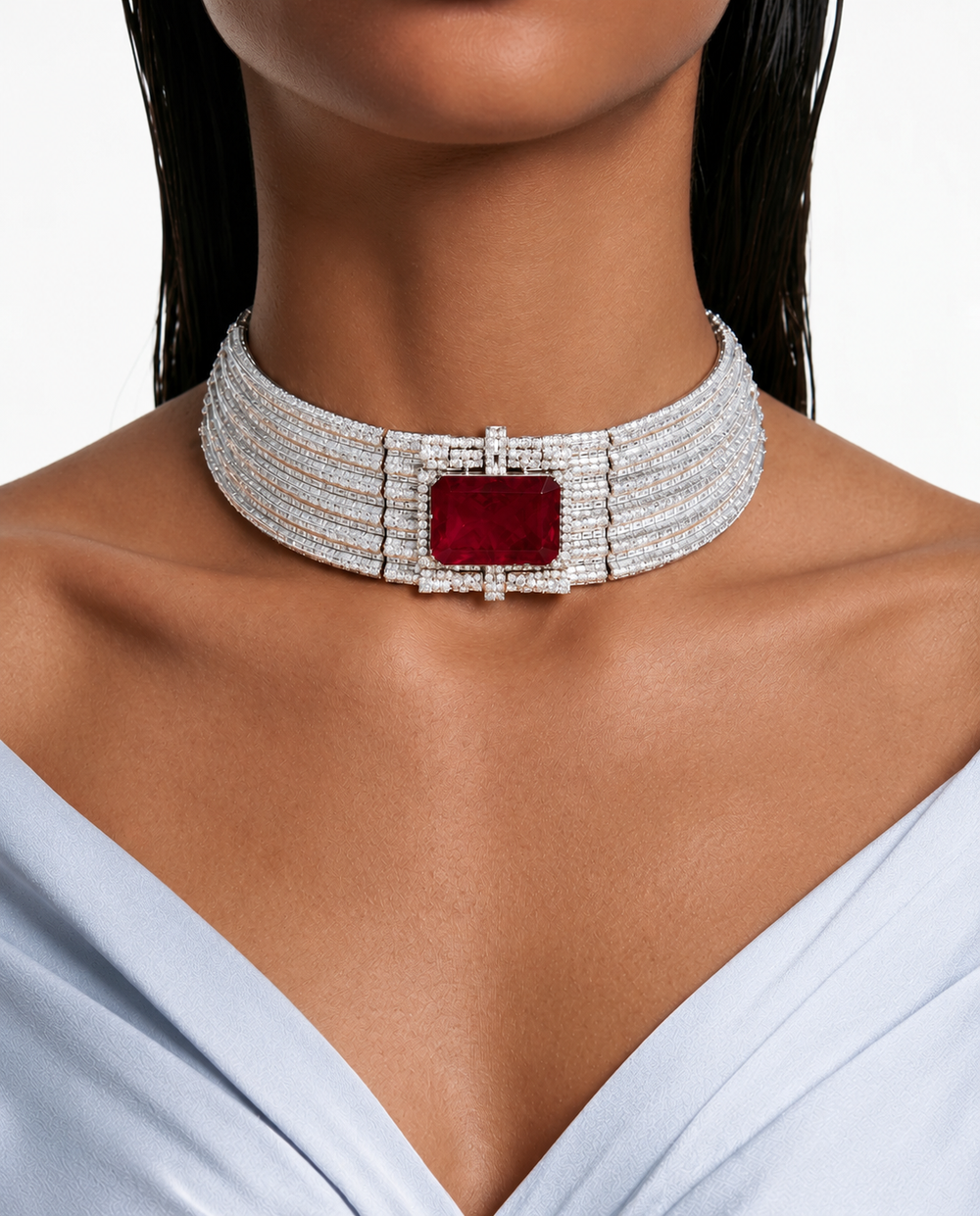 Juego de gargantilla de rubí rectangular con circonitas tipo diamante Hina: collar y aretes