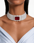 Juego de gargantilla de rubí rectangular con circonitas tipo diamante Hina: collar y aretes