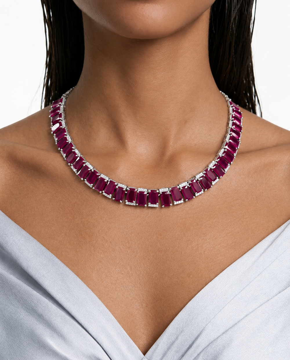 Maharani Auri Ruby Square Drop & Ivana Ruby Baguette Single Line Tennis Diamond Collier Ensemble (2 colliers et 2 boucles d'oreilles)