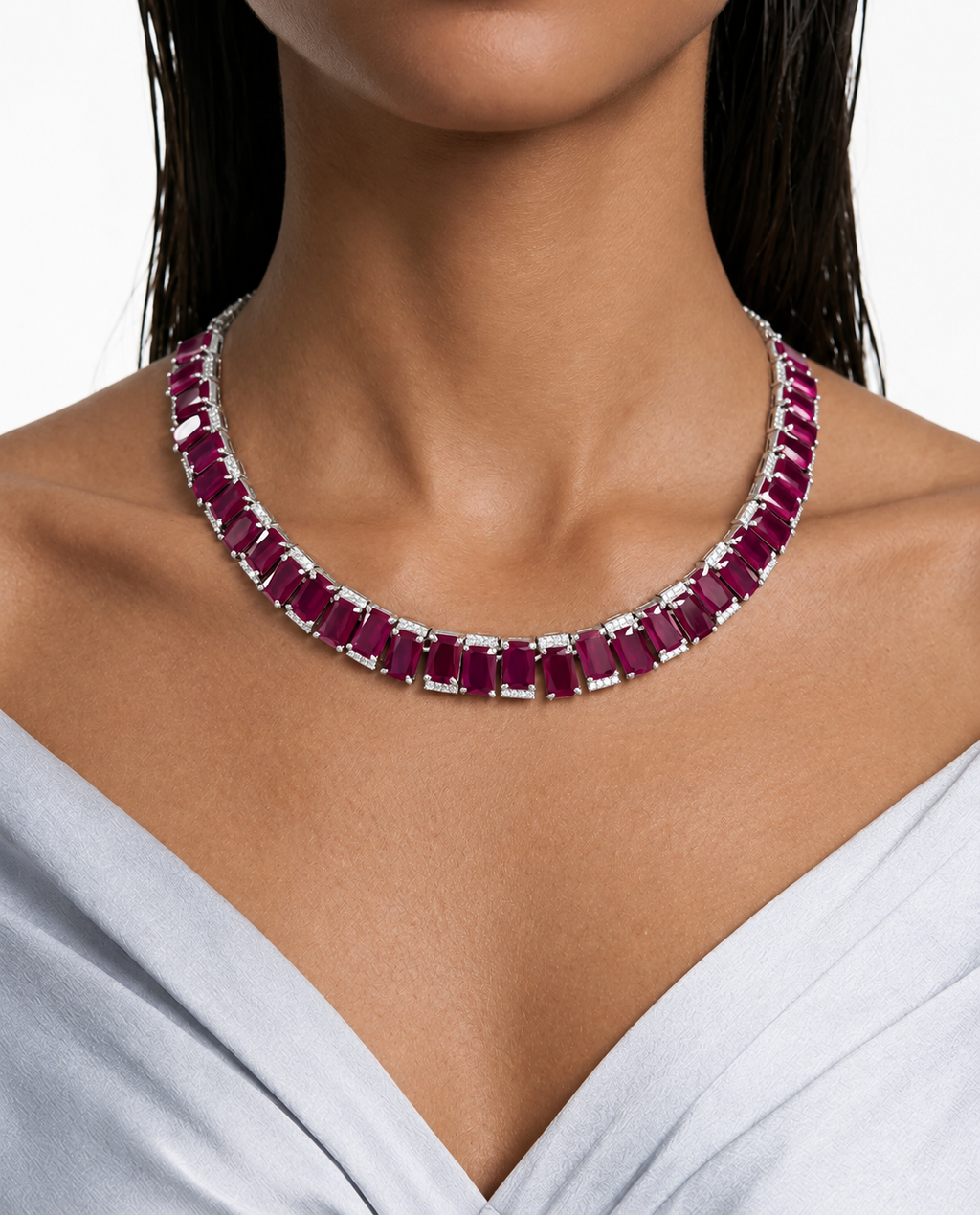 Maharani Auri Ruby Square Drop & Ivana Ruby Baguette Single Line Tennis Diamond Collier Ensemble (2 colliers et 2 boucles d'oreilles)