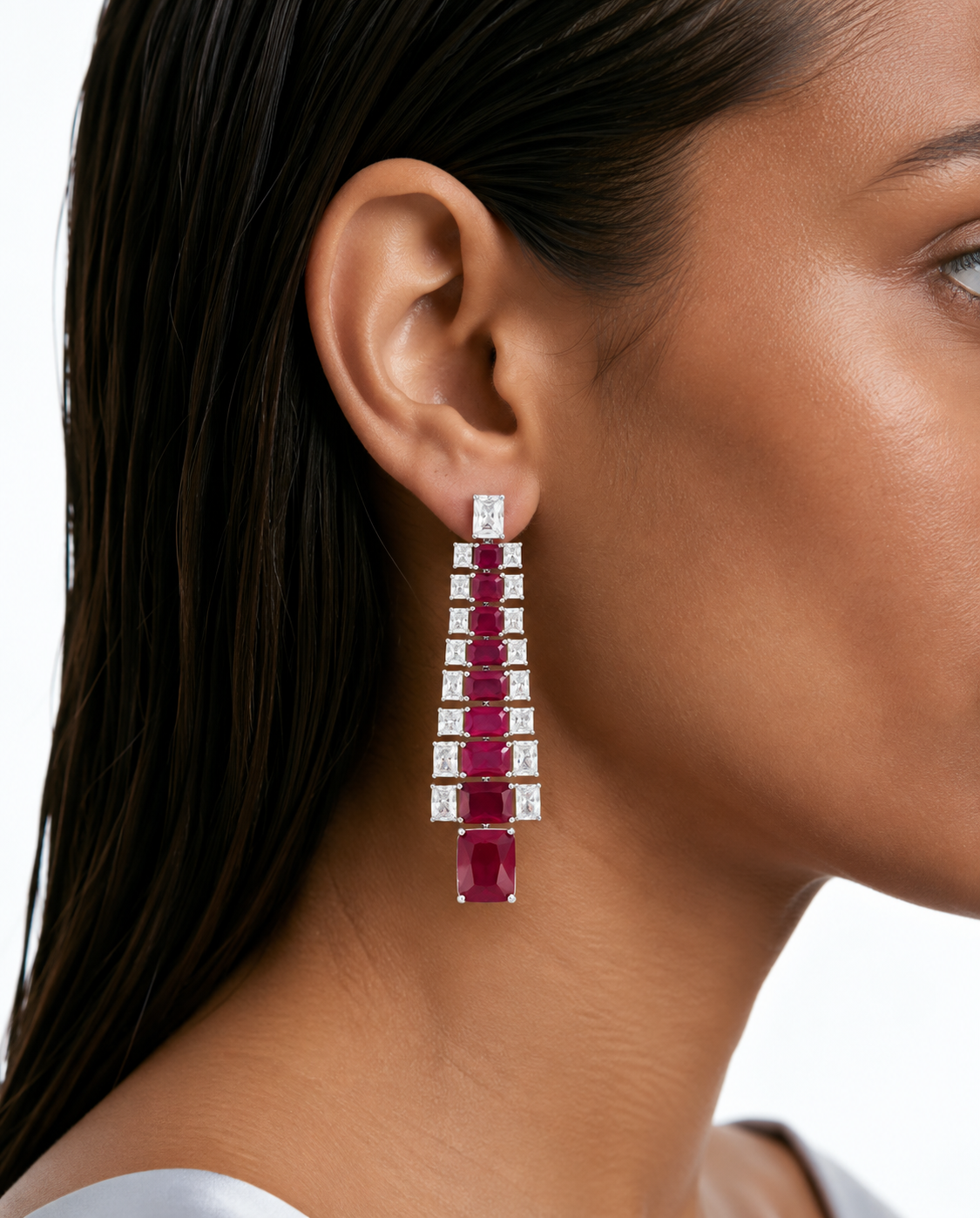Auri Ruby Square Drop Diamond-Like Zircon Necklace Set (Necklace & Earrings)