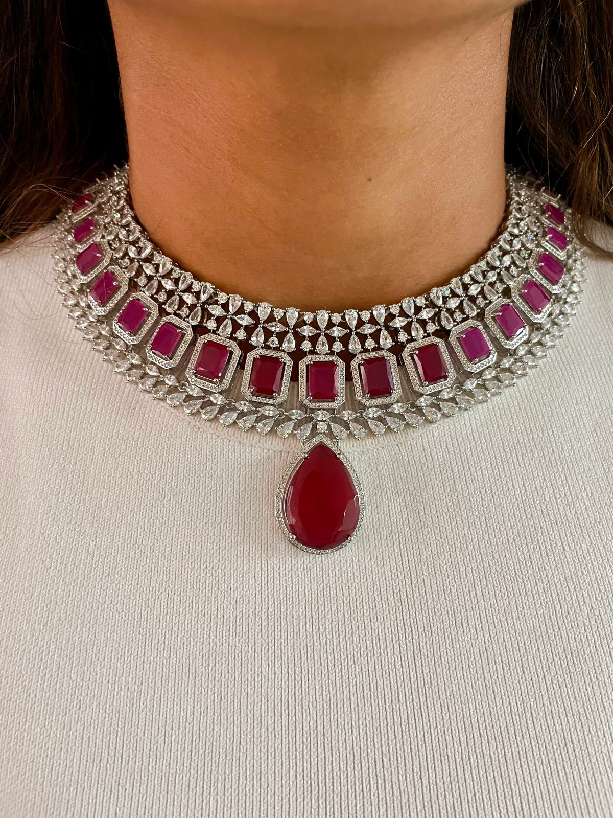 Ruby Drop Dimonte Floral Necklace Set — front view — Prerto