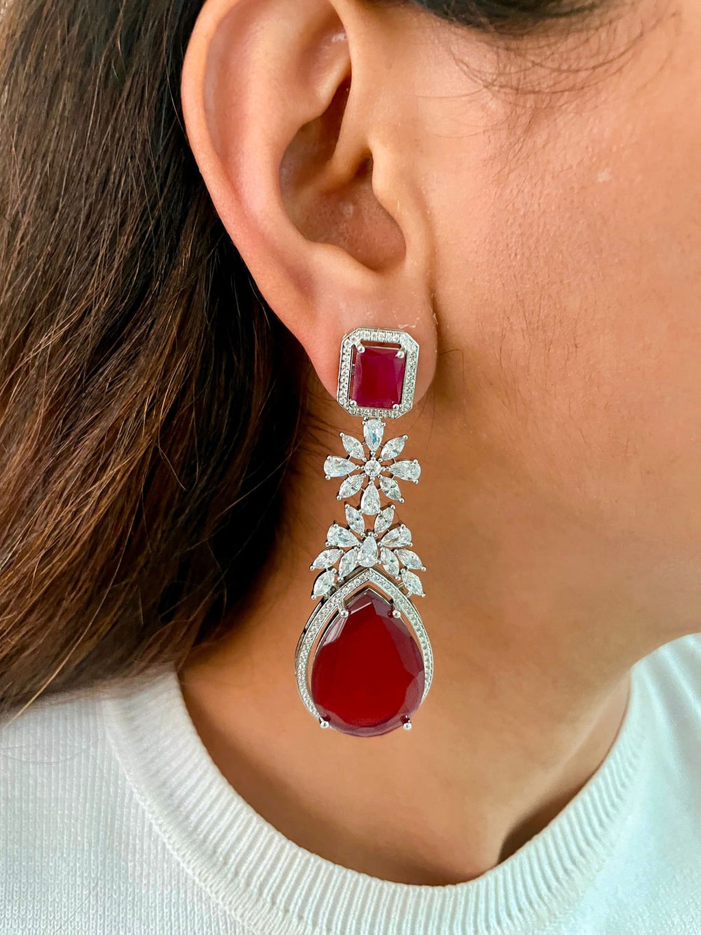 Ruby Drop Dimonte Floral Necklace Set — worn on model — Prerto