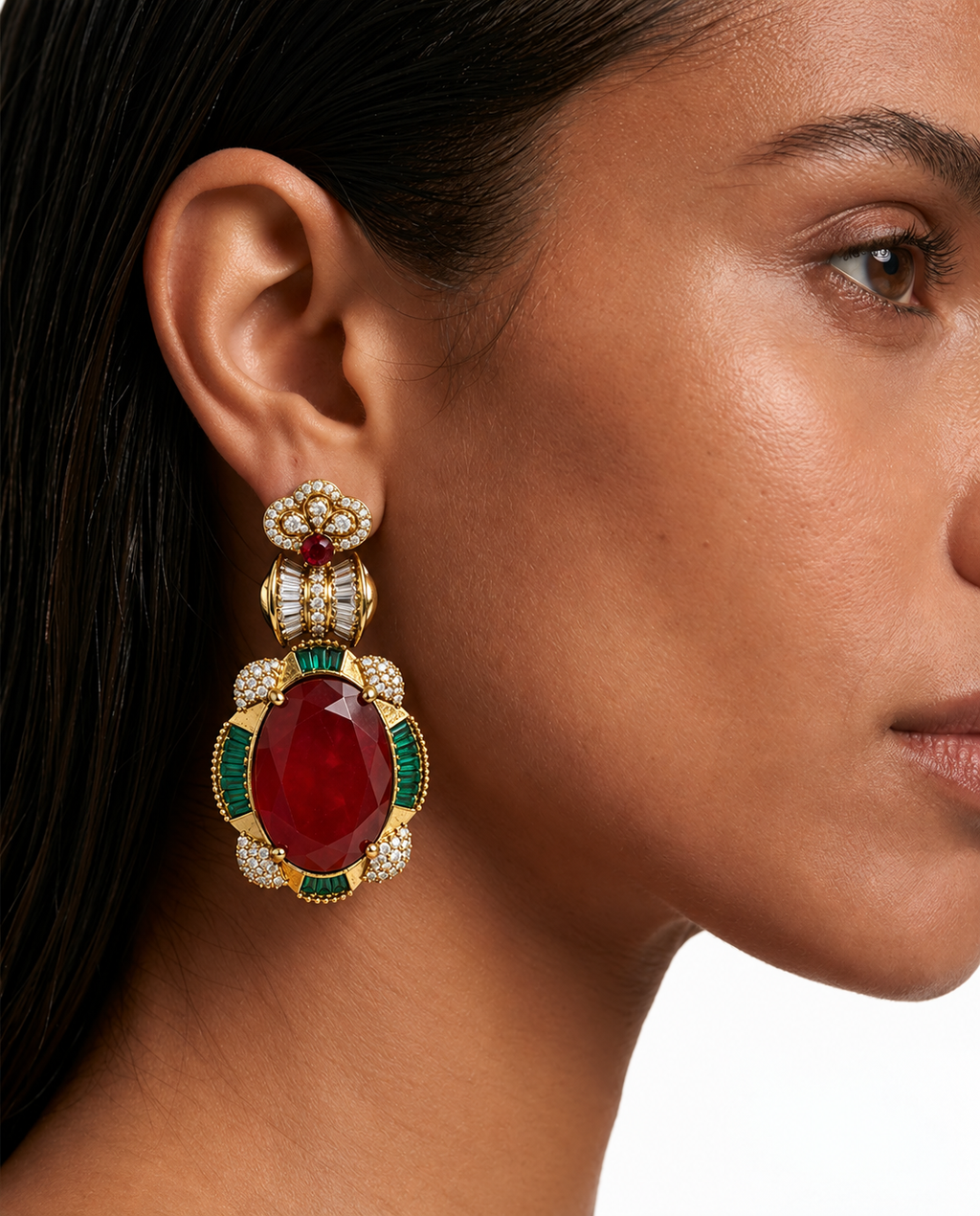 Haniya Ensemble de colliers avec pendentif ovale double couche rubis et émeraude Moissanite Polki Kundan – Collier et boucles d'oreilles