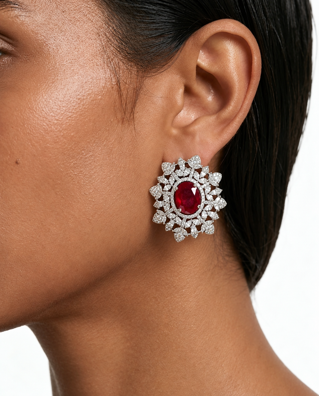 Ensemble collier ras du cou avec perles florales et zircon ovales en forme de diamant Marquise Ruby – Collier et boucles d'oreilles