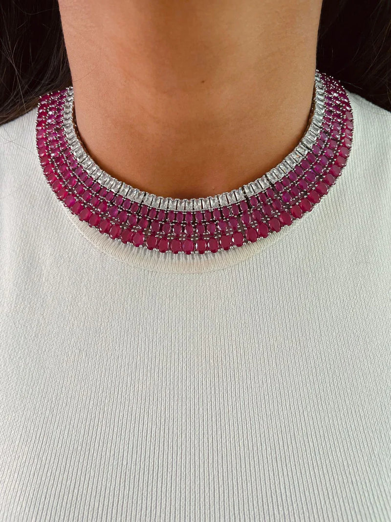 Maharani Ruby Kate Diamond & Sirsa Ruby Infinity Duo Necklace Set — worn on model — Prerto