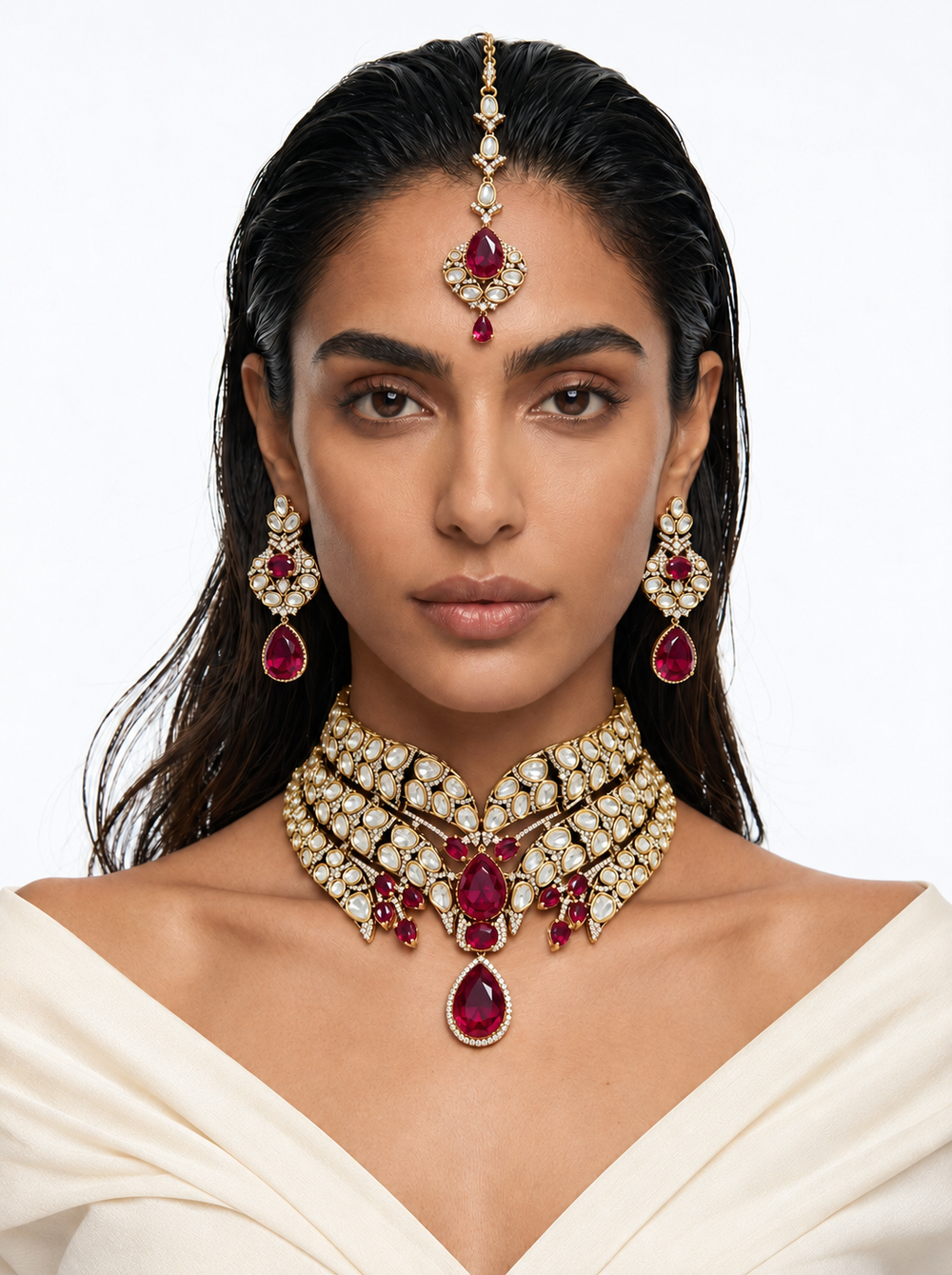 Zehmina Ruby Kundan Polki Double-Layer Choker Necklace Set – Necklace, Earrings & Maang Tikka
